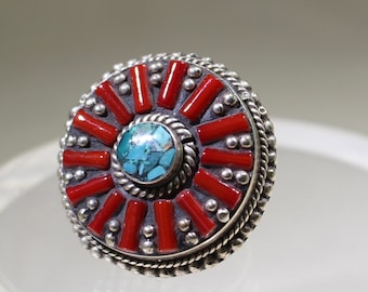 Star Ring Statement Turquoise & Red Glass Vintage Tibetan Silver