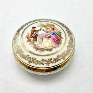 Limoges Trinket Box Vintage Porcelain Round Lidded Gilt Romantic Collectible Rococo