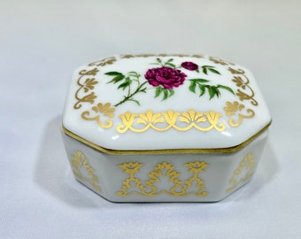 Rose Porcelain Box, Empress Josephine’s Rose Garden, Trinket Ring Collector’s Vintage 1980 L’Eveque rose