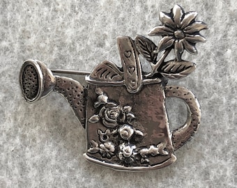 Broche o prendedor vintage de plata de ley con forma de regadera, joya de jardinería, regalo para mamá, regalo para abuela, jardín, aficionado a la jardinería.