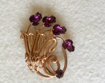 Purple Flower Gold Floral Brooch Pin, Vintage, Mid-Century, Art Nouveau Style, 1960s, Gift for Mom, Anniversary Gift