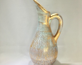 Vintage Stangl Vase, Gold 22k, Pitcher, Hand-painted, Granada, Aqua Blue, 1950s, Mid-Century, Midcentury