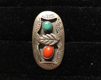 Vintage Navajo Coral Turquoise Oval Ring Southwestern, 1960s
