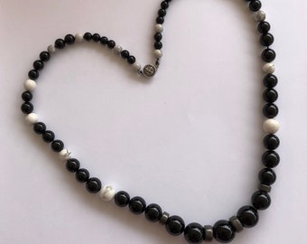 Vintage Black Onyx White Bead Necklace, 1980s