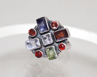 Ring Multicolor Sterling Peridot Garnet Amethyst Smoky Topaz Vintage