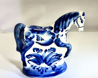Very rare soviet Porcelain figurine white blue Horse stallion Gzhel cobalt hand painting Russia USSR 1970-80s