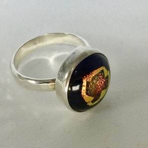 Black & Gold Copper Dichroic Glass Statement Ring, Vintage, Sterling Silver, Faceted