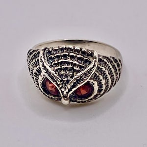 May include: A silver owl ring. The ring features a detailed owl face with textured feathers and red gemstone eyes. The band is wide and the ring has a polished finish.