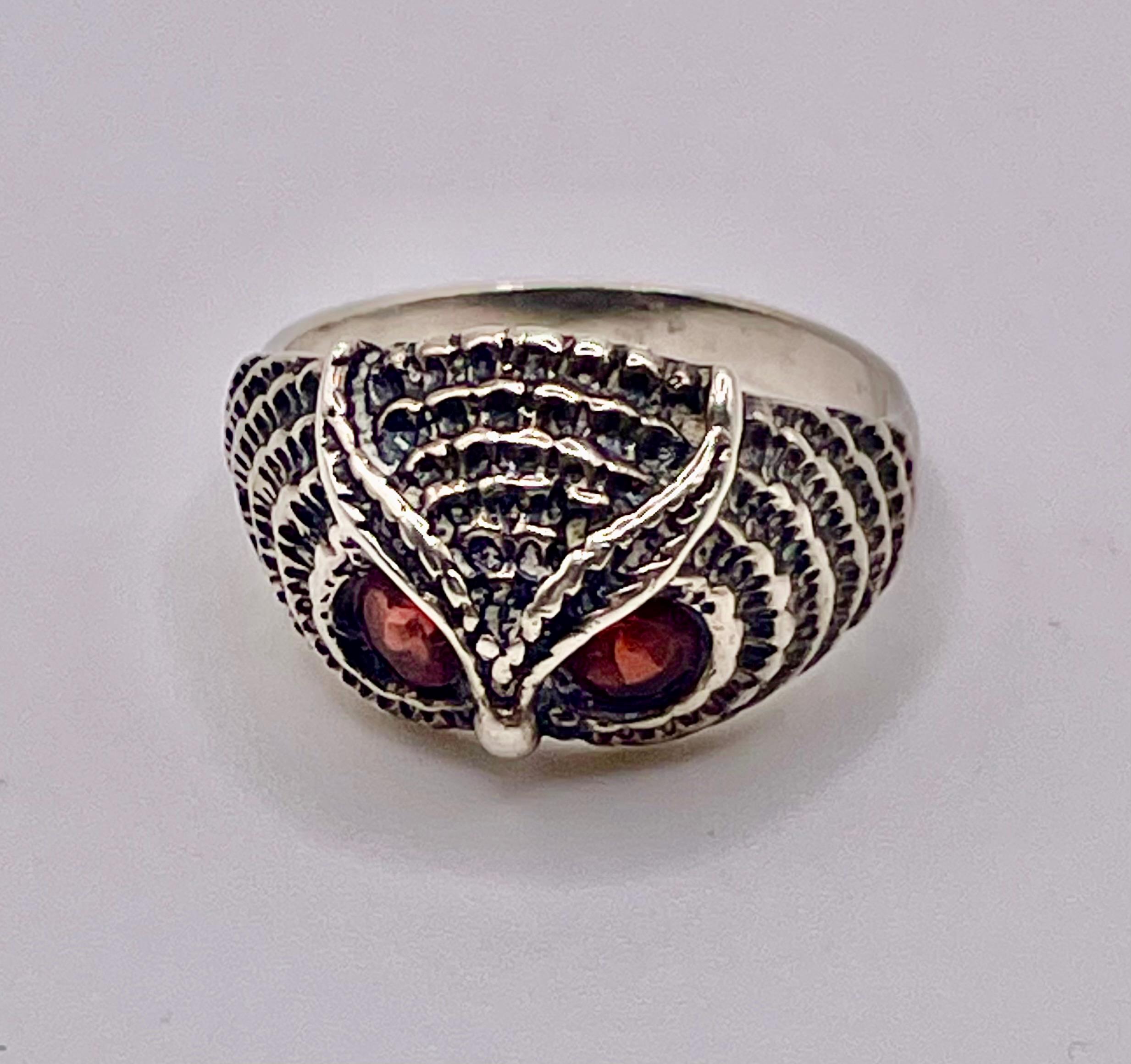 Owl Ring Italian Bird Sterling  Red Stone Vintage