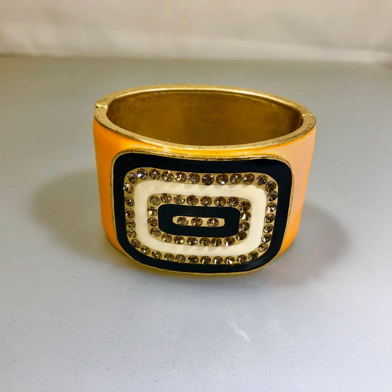 Vintage Lia Sophia Cuff Hinged Bangle Bracelet Rhinestones Yellow Black image 1