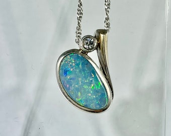 Vintage Fire opal pendant sterling modernist necklace