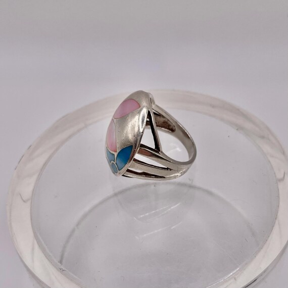 Large Statement Ring with Blue + Pink Shell Flowe… - image 4