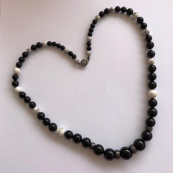 Vintage Black Onyx White Bead Necklace, 1980s - image 1