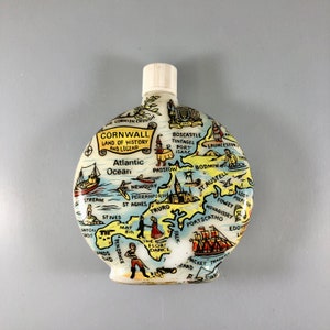 Vintage melkglas Cornwall kaart geschilderd parfumfles, antieke witte kleurrijke souvenir, Brits