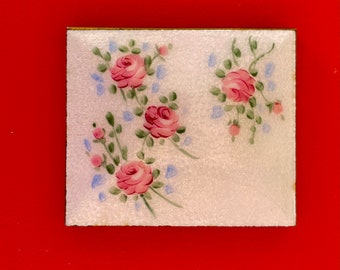 White Pink Rose Guilloche Vintage Compact Brass Makeup Flower Mirror Midcentury Vanity Decor