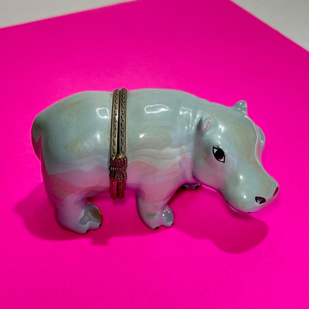 Hippo Figurine Grey Porcelain Box Collectible Vintage Etsy