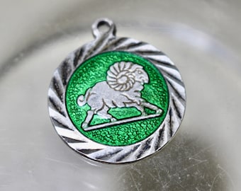 Aries Zodiac Pendant Necklace Charm, Sterling Silver, Guilloche Green enamel, Vintage, Astrology, Star Sign, March April Birthday Gift,