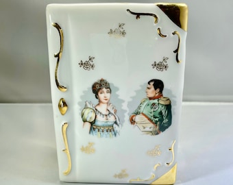 Josephine and Napoleon Box, Porcelaine de Luxe FD, Gilt Ring Trinket, French, Mid-Century Vintage, Gold, Gilt