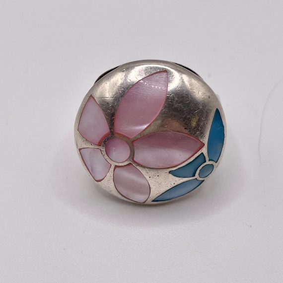 Large Statement Ring with Blue + Pink Shell Flowe… - image 1