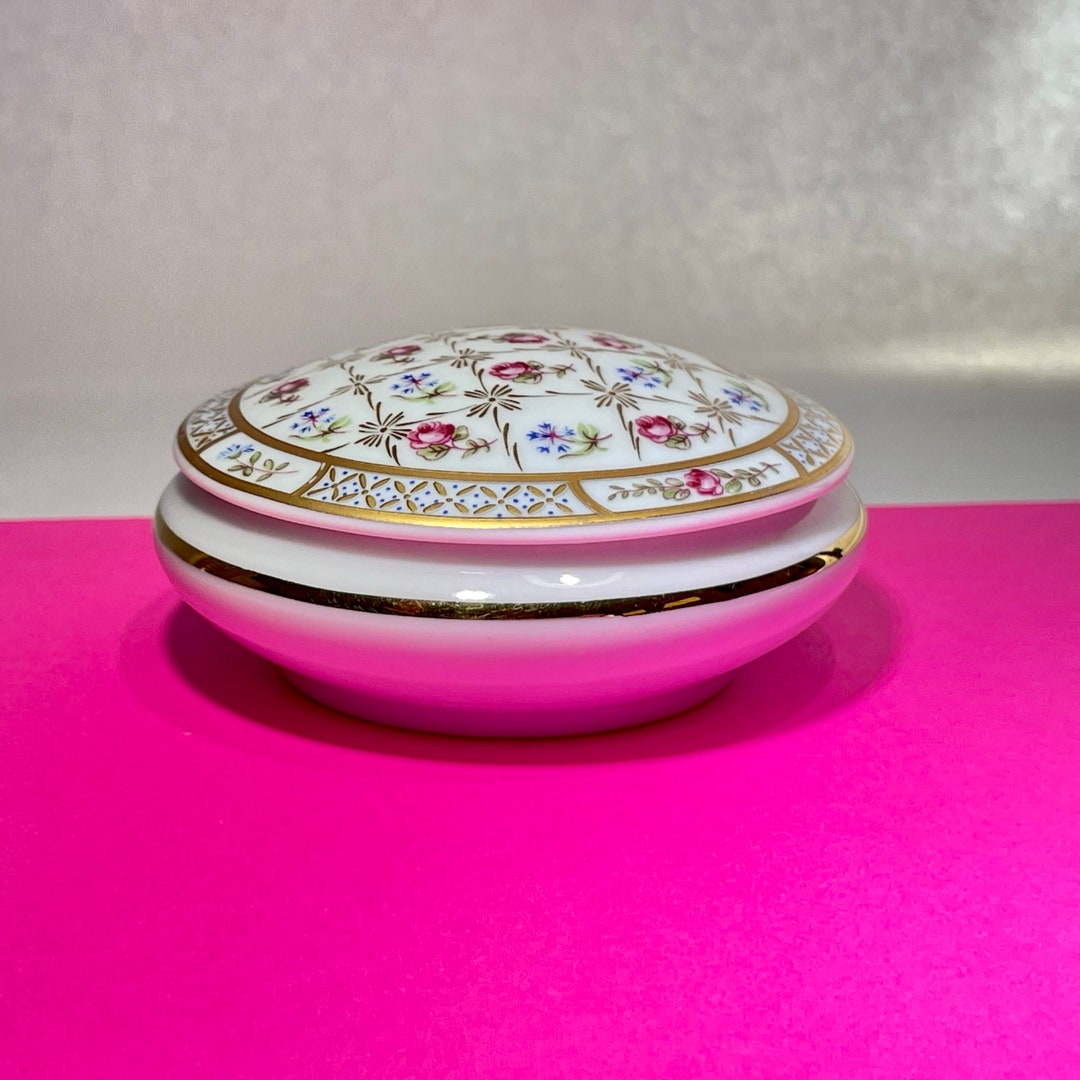 Limoges Round Box Ring Trinket Box Lidded Porcelain Vintage Pink Blue