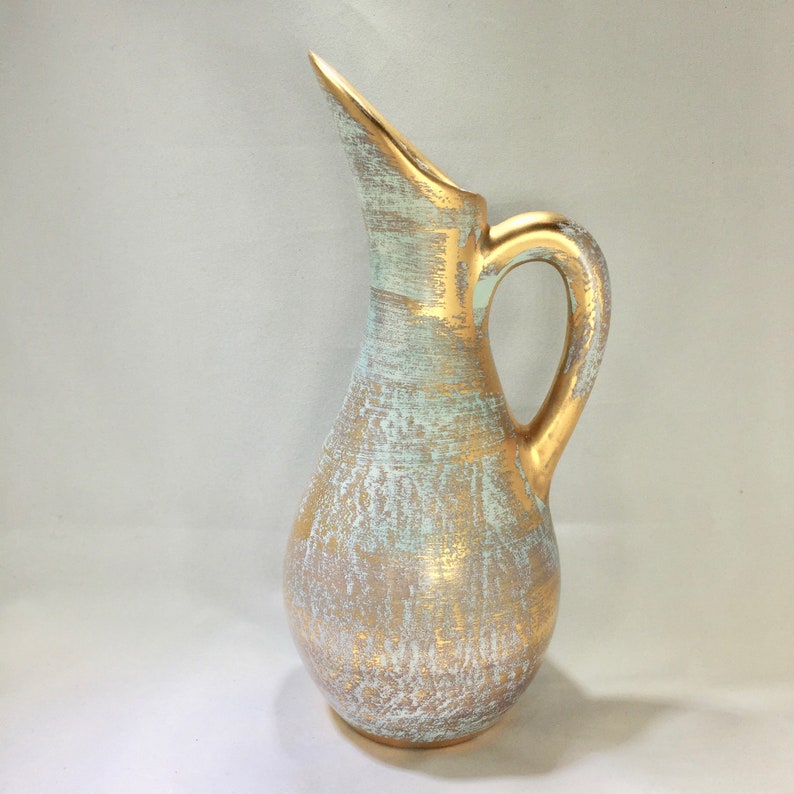 Vintage Stangl Vase, Gold 22k, Pitcher, Hand-painted, Granada, Aqua Blue, 1950s, Mid-Century, Midcentury image 1