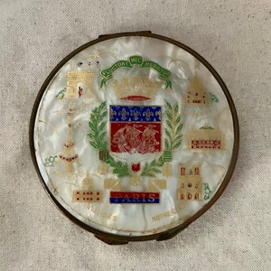 Vintage White Gold Pearl Paris Souvenir Compact Colorful 1960s