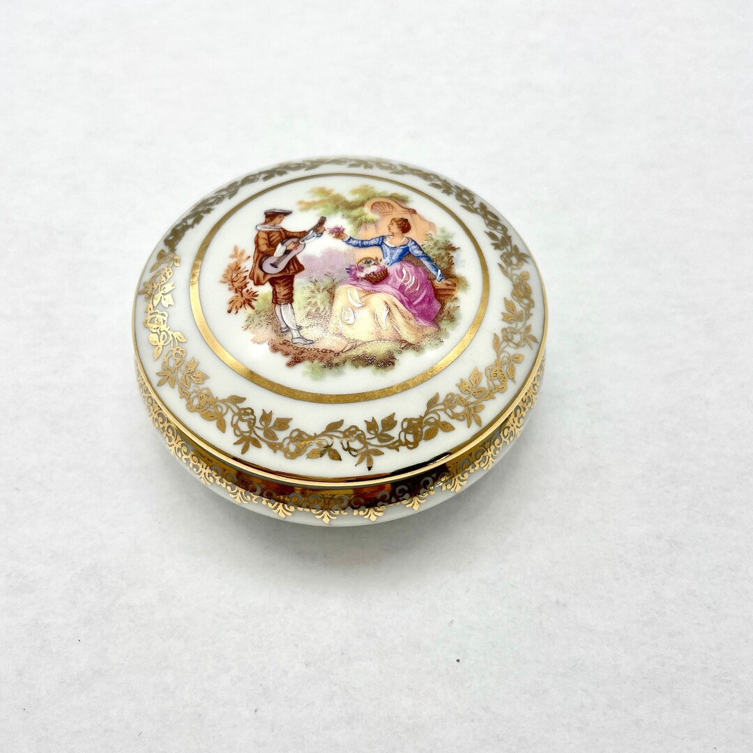 Limoges Trinket Box Vintage Porcelain Round Lidded Gilt Romantic ...