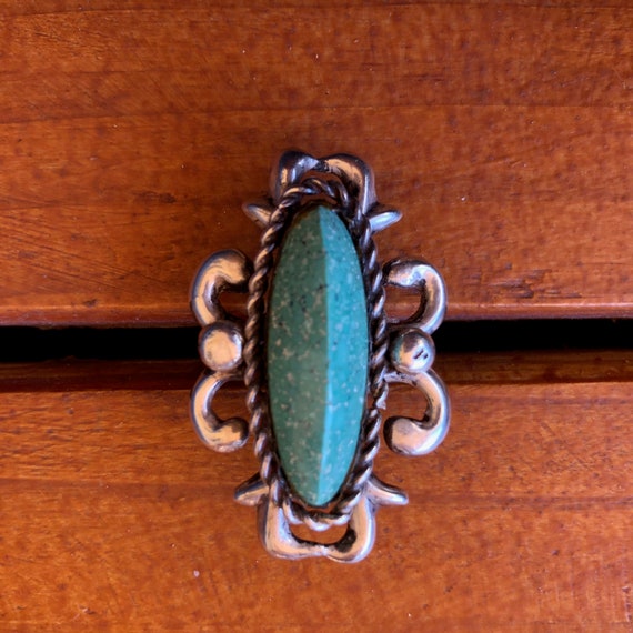 Large Statement Ring Blue-Green Stone Silver Vint… - image 1