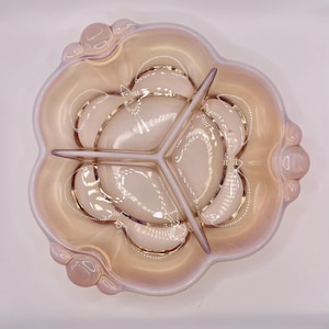 Duncan Miller Canterbury Bowl Pink Glass  Candy Dish Divided Opalescent Vintage Mid Century Moonstone