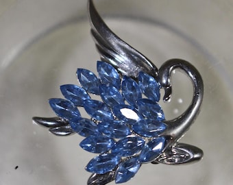 Swan Blue Pin French Brooch Crystals Vintage