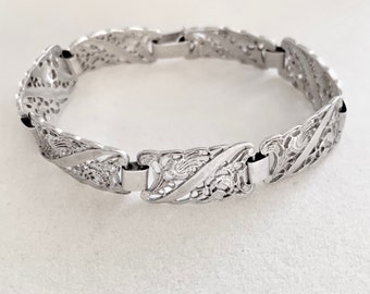 Sterling Silver filigree bracelet, panels vintage, German, Carved floral