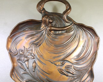 Copper Dustpan Art Nouveau Vintage Floral Nymph RARE antique