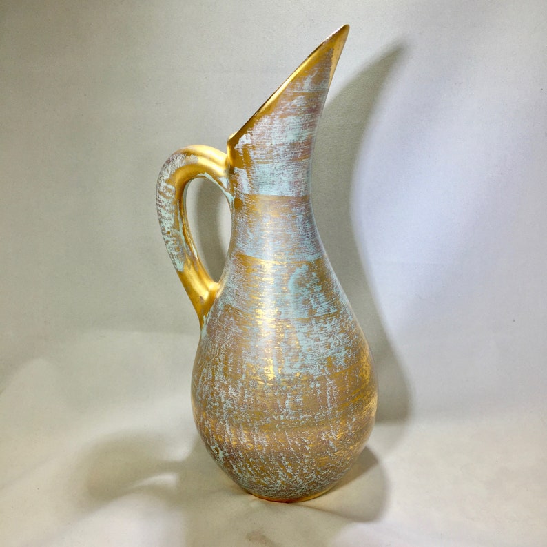 Vintage Stangl Vase, Gold 22k, Pitcher, Hand-painted, Granada, Aqua Blue, 1950s, Mid-Century, Midcentury image 2