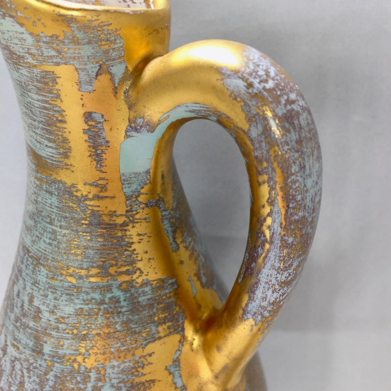 Vintage Stangl Vase, Gold 22k, Pitcher, Hand-painted, Granada, Aqua Blue, 1950s, Mid-Century, Midcentury image 3