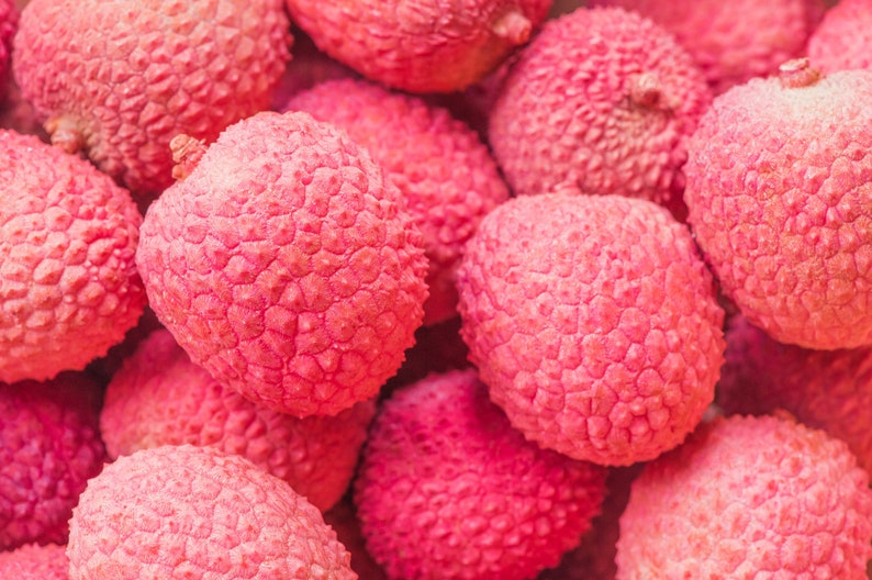 Op de afbeelding: Close-up van een groep roze lychees. De lychees hebben een ruwe, getextureerde schil en zijn in een cluster gerangschikt.