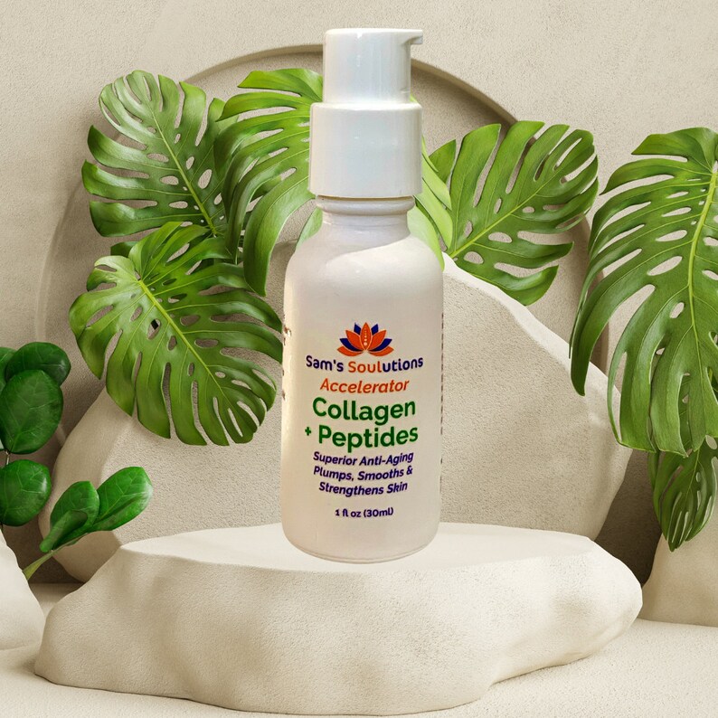 May include: A white bottle of Sam's Solutions Accelerator Collagen + Peptides. The bottle has a pump dispenser and is surrounded by green tropical leaves. The label states it is for superior anti-aging and is 1 fl oz (30ml).