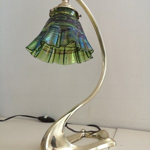 Bronze swan collar lamp art deco / art nouveau. Loetz crystal tulip. image 5