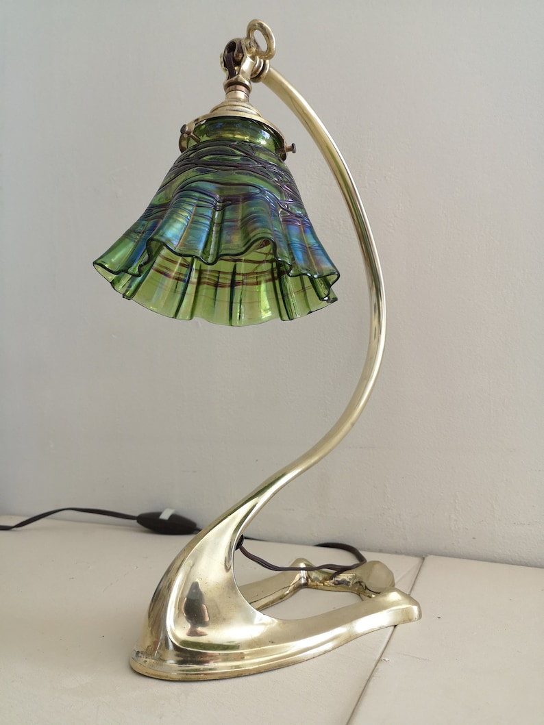 Bronze swan collar lamp art deco / art nouveau. Loetz crystal tulip. image 5