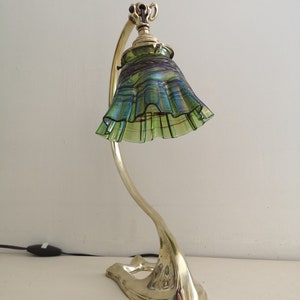 Bronze swan collar lamp art deco / art nouveau. Loetz crystal tulip. image 4