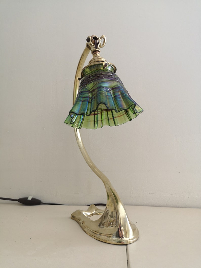 Bronze swan collar lamp art deco / art nouveau. Loetz crystal tulip. image 4