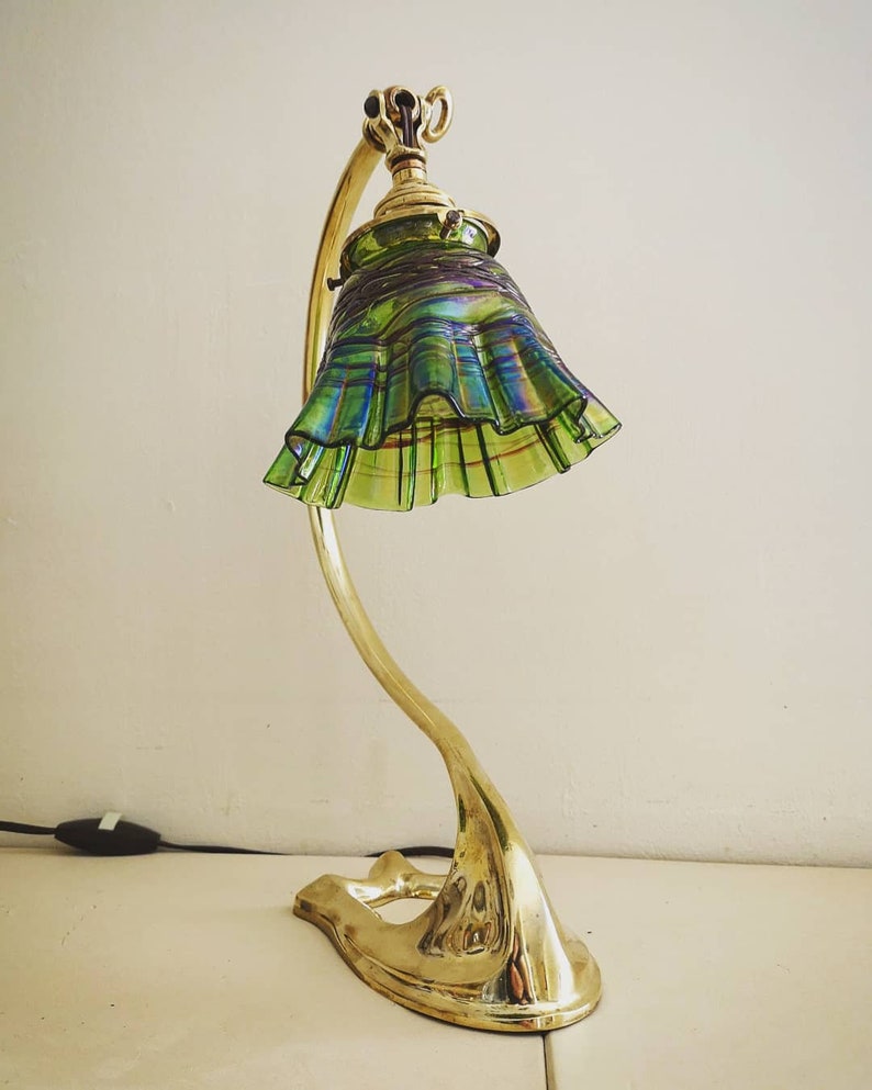 Bronze swan collar lamp art deco / art nouveau. Loetz crystal tulip. image 2