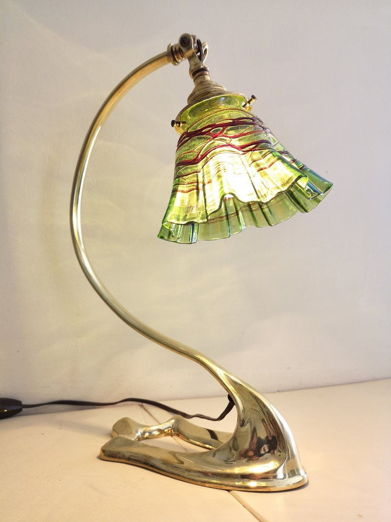 Bronze swan collar lamp art deco / art nouveau. Loetz crystal tulip. image 1