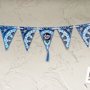 Ramadan Banner with Egyptian tent (Khayamiya) pattern, with yellow tassels or without, 12 pennant with total length 66&quot;