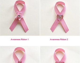 Breast cancer awareness Ribbon pin, Pink Grosgrain Ribbon with Satin Flower or Rhinestone heart or Rhinestone flower or Rhinestone butterfly