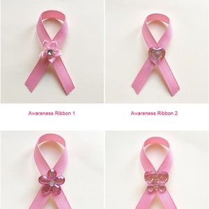 Breast cancer awareness Ribbon pin, Pink Grosgrain Ribbon with Satin Flower or Rhinestone heart or Rhinestone flower or Rhinestone butterfly