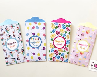Personalized Eid money envelope with Arabic or English text. Flowers, balloons, and cupcakes pattern.