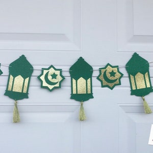 Ramadan Lanterns banner, Ramadan Gold Banner with gold tassels, Ramadan Green and Gold banner.