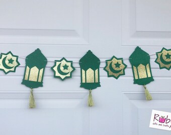 Ramadan Lanterns banner, Ramadan Gold Banner with gold tassels, Ramadan Green and Gold banner.