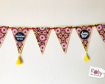 Ramadan Banner with Egyptian tent (Khayamiya) pattern, with yellow tassels or without, 12 pennant with total length 66"