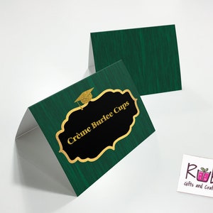 Gepersonaliseerde voedsel Plaatskaarten voor de partij van de graduatie, Marine of groen met goud, vrij te personaliseren, 2" X3.5".